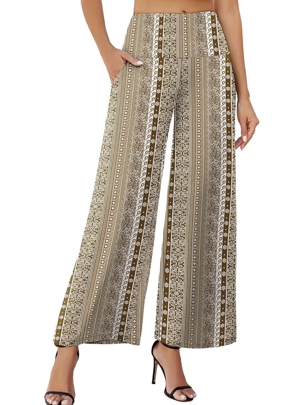 🟠NWT AROLINA High-Waist Wide Leg Palazzo Pants w/Pockets - Folk Flower Brown XXL